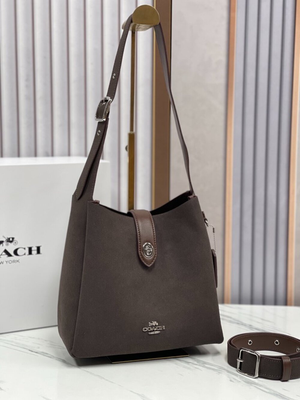 Coach CW004 Hadley Convertible Crossbody Bag Suede Leather Espresso Outlet New
